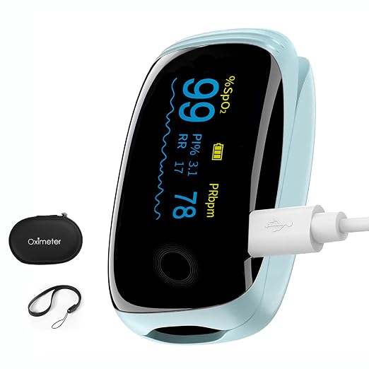 Rechargeable Pulse Oximeter Fingertip Oxygen Monitor Fingertip with SpO2 Pulse Rate and Fast Oximeter SpO2 Readings Outdoor Sports Home (Blue)