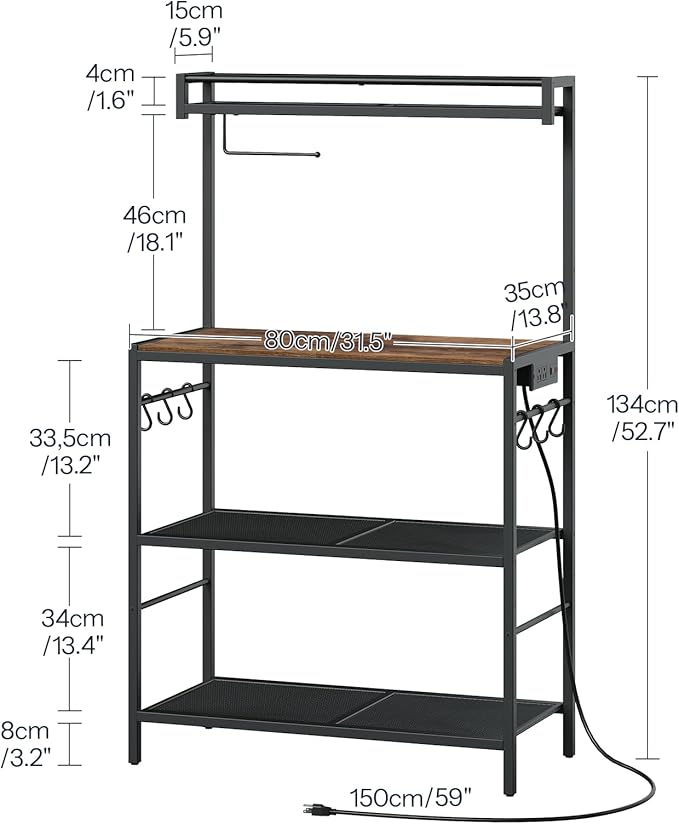 Bakers Rack with Power Outlet, Microwave Stand with Paper Holder, Bakers Rack with Storage, Coffee Bar Station with 6 Hooks, for Kitchen, Dining Room, Rustic Brown and Black BRHR361E01
