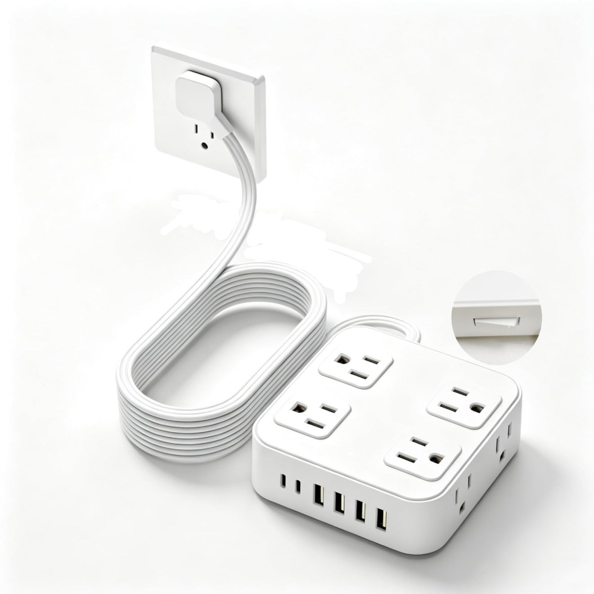 Power Strip with Surge Protector, 3 Side, 8 AC 6 USB Ports Flat Plug Switch