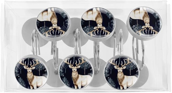 12 Packs Deer Shower Curtain Hooks, Crystal Glass Shower Curtain Rings for Bathroom, Rustproof Metal Decorative Curtain Rod Hooks, Stainless Steel