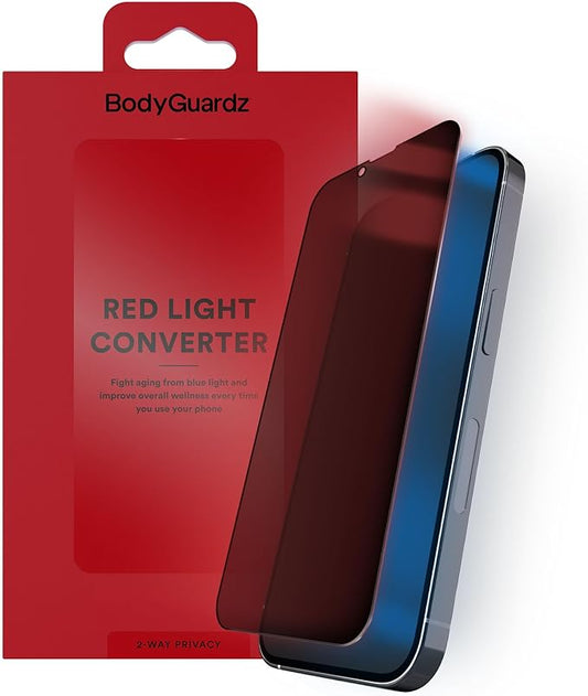 BodyGuardz Red Light Converter Privacy Screen Protector – Passive Red Light Therapy for Face - Promotes Better Sleep, Healthier Skin, Reduced Eye Strain - Privacy Glass, Easy Install (iPhone 17E / 14 / 13 Pro / 13)