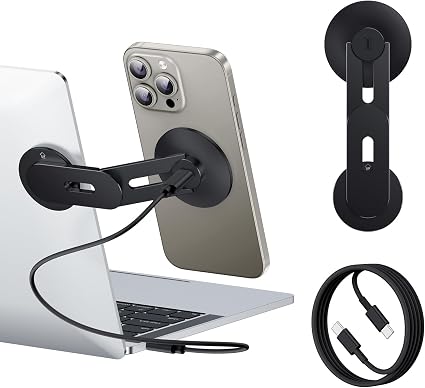 Laptop Phone Holder, Magnetic Phone Stand 15W Fast Wireless Charger for MagSafe for iPhone 18/17/16/15/14/13/12 & All Phones for Tesla (Black)