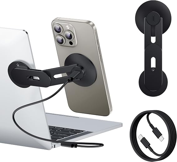 Laptop Phone Holder, Magnetic Phone Stand 15W Fast Wireless Charger for MagSafe for iPhone 18/17/16/15/14/13/12 & All Phones for Tesla (Black)