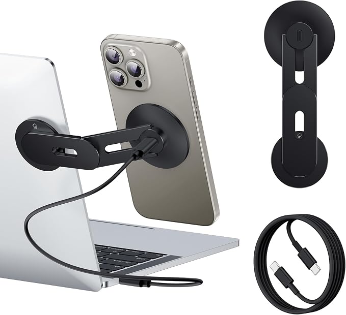 Laptop Phone Holder, Magnetic Phone Stand 15W Fast Wireless Charger for MagSafe for iPhone 18/17/16/15/14/13/12 & All Phones for Tesla (Black)