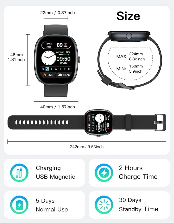 Fitness Trackers for Men Women with Bluetooth Call 24/7 Heart Rate & Blood Oxygen Monitor Sleep Tracker, Steps/Calories Counter Stopwatch/Timer/Alarm Clock, Pedometer for Walking Waterproof (Black)