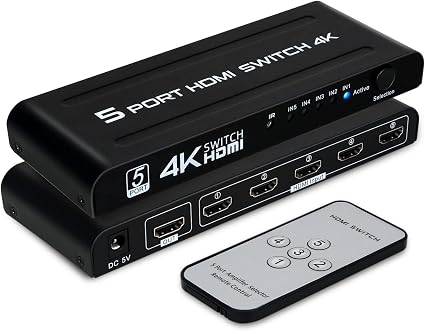 4K HDMI Switch 5 in 1 Out, 5 Port HDMI Switcher Selector Box with IR Remote Control & Auto Switch, Support 4K@30Hz, HDR, HDMI 1.4, HDCP, 3D, 1080P for HDTV PS3 PS4 Xbox Projector Blu-ray Player