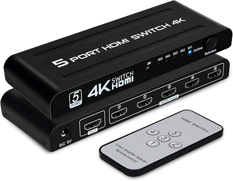 4K HDMI Switch 5 in 1 Out, 5 Port HDMI Switcher Selector Box with IR Remote Control & Auto Switch, Support 4K@30Hz, HDR, HDMI 1.4, HDCP, 3D, 1080P for HDTV PS3 PS4 Xbox Projector Blu-ray Player