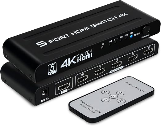 4K HDMI Switch 5 in 1 Out, 5 Port HDMI Switcher Selector Box with IR Remote Control & Auto Switch, Support 4K@30Hz, HDR, HDMI 1.4, HDCP, 3D, 1080P for HDTV PS3 PS4 Xbox Projector Blu-ray Player