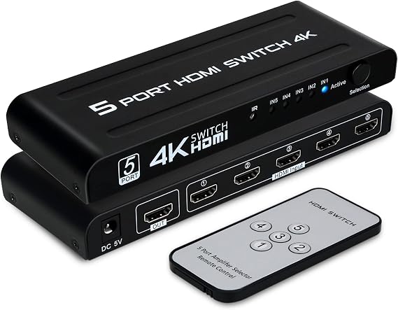 4K HDMI Switch 5 in 1 Out, 5 Port HDMI Switcher Selector Box with IR Remote Control & Auto Switch, Support 4K@30Hz, HDR, HDMI 1.4, HDCP, 3D, 1080P for HDTV PS3 PS4 Xbox Projector Blu-ray Player