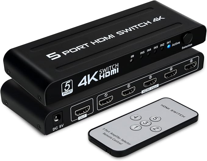 4K HDMI Switch 5 in 1 Out, 5 Port HDMI Switcher Selector Box with IR Remote Control & Auto Switch, Support 4K@30Hz, HDR, HDMI 1.4, HDCP, 3D, 1080P for HDTV PS3 PS4 Xbox Projector Blu-ray Player