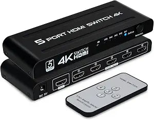 4K HDMI Switch 5 in 1 Out, 5 Port HDMI Switcher Selector Box with IR Remote Control & Auto Switch, Support 4K@30Hz, HDR, HDMI 1.4, HDCP, 3D, 1080P for HDTV PS3 PS4 Xbox Projector Blu-ray Player