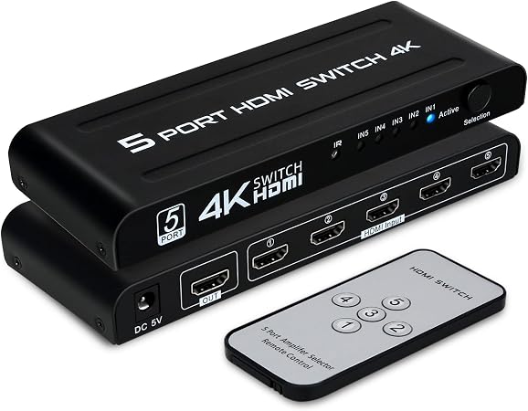 4K HDMI Switch 5 in 1 Out, 5 Port HDMI Switcher Selector Box with IR Remote Control & Auto Switch, Support 4K@30Hz, HDR, HDMI 1.4, HDCP, 3D, 1080P for HDTV PS3 PS4 Xbox Projector Blu-ray Player