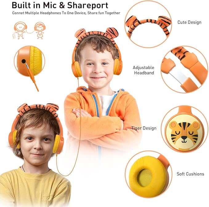 Kids Bluetooth Headphones, Wireless Headphone for Kids, 85dB Volume Limited, Built-in Mic, 3.5mm Aux Cord, Boys Girls Tiger Headset for School/Travel/Airplane