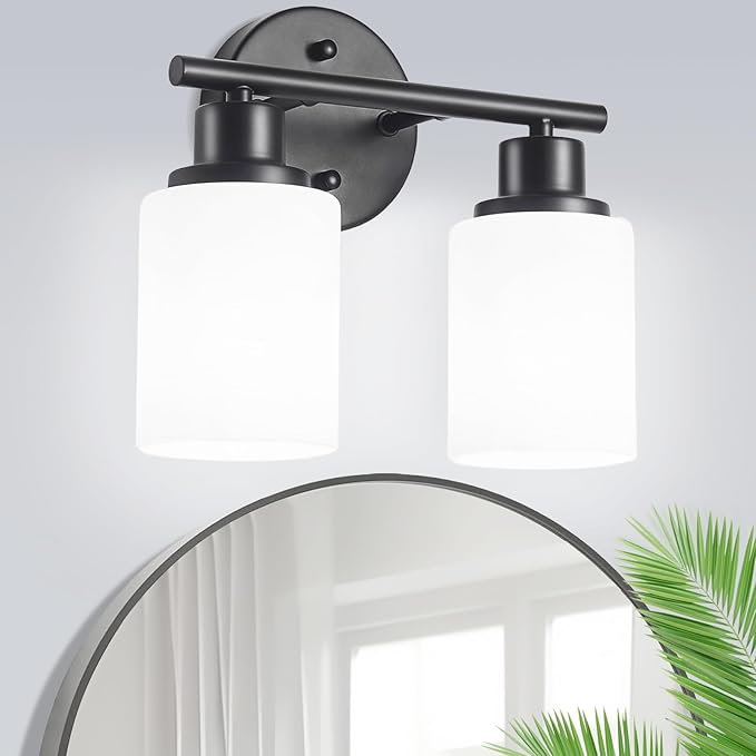 2-Light Vanity Lights, Black Bathroom Light Fixture with Striped Textured Milky White Glass Shade, Modern Vanity Lighting Fixture for Bathroom Wall Light Over Mirror, E26 Wall Sconce