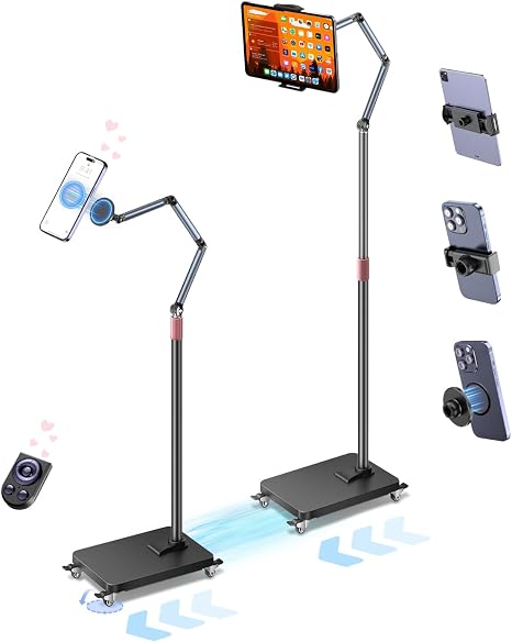 Rolling Tablet Floor Stand with Wheels, Adjustable Aluminum Arm & 360° Rotation, Magnetic Phone Holder with Remote, iPad Floor Stand for Bed, Compatible with 4.7-13" iPad, Phone, Kindle & Tablets