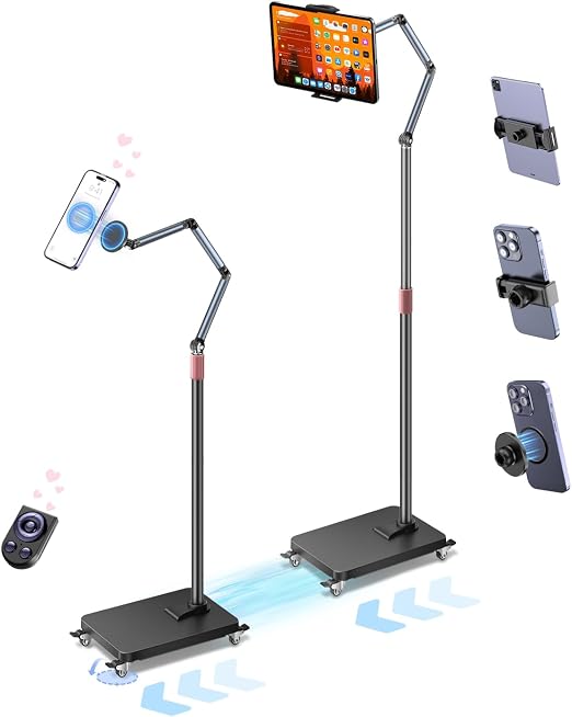 Rolling Tablet Floor Stand with Wheels, Adjustable Aluminum Arm & 360° Rotation, Magnetic Phone Holder with Remote, iPad Floor Stand for Bed, Compatible with 4.7-13" iPad, Phone, Kindle & Tablets