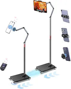 Rolling Tablet Floor Stand with Wheels, Adjustable Aluminum Arm & 360° Rotation, Magnetic Phone Holder with Remote, iPad Floor Stand for Bed, Compatible with 4.7-13" iPad, Phone, Kindle & Tablets