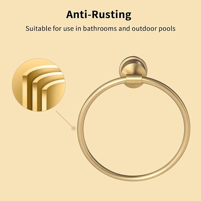 YUMORE Gold Bathroom Hardware Set, 4-Pieces Wall Mounted Bath Accessories Kit, Stainless Steel Towel Bar, Towel Ring, Toilet Paper Holder & Robe Hooks, Modern Brushed Gold Finish