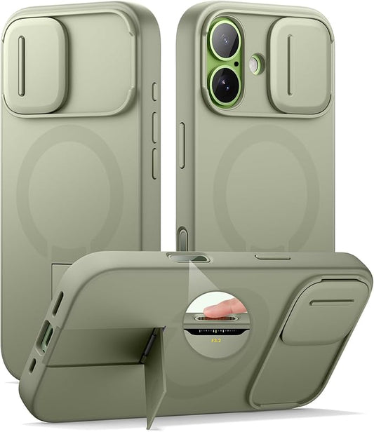 SURITCH for iPhone 17 Case with Camera Control Cover, Camera Slide Cover and Adjustable Kickstand, Compatible with MagSafe, Shockproof Bumper Protective Cases 6.3 Inch, Green