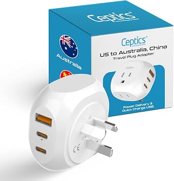 Ceptics Australia, China Travel Adapter - 5 Input with 20W PD-QC 3.1A Dual USB-C and USB - Ultra Compact - Light Weight - USA to Any Type I Countries Such as New Zealand, Argentina and More