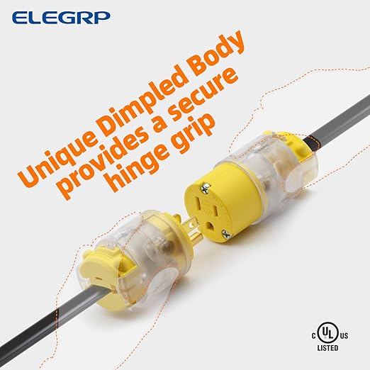 ELEGRP Lighted Straight Blade Electrical Plug and Connector Set 15 Amp 125 Volt NEMA 5-15P NEMA 5-15R 2 Pole 3 Wire Grounding, Commercial Grade, Yellow, 2 Set