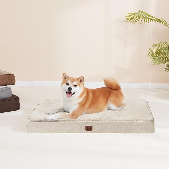 EHEYCIGA Memory Foam Dog Bed Orthopedic 35"x23"，Waterproof Pet Bed for Larged Size Dogs ，Washable Pet Mat with Removable Cover, Beige