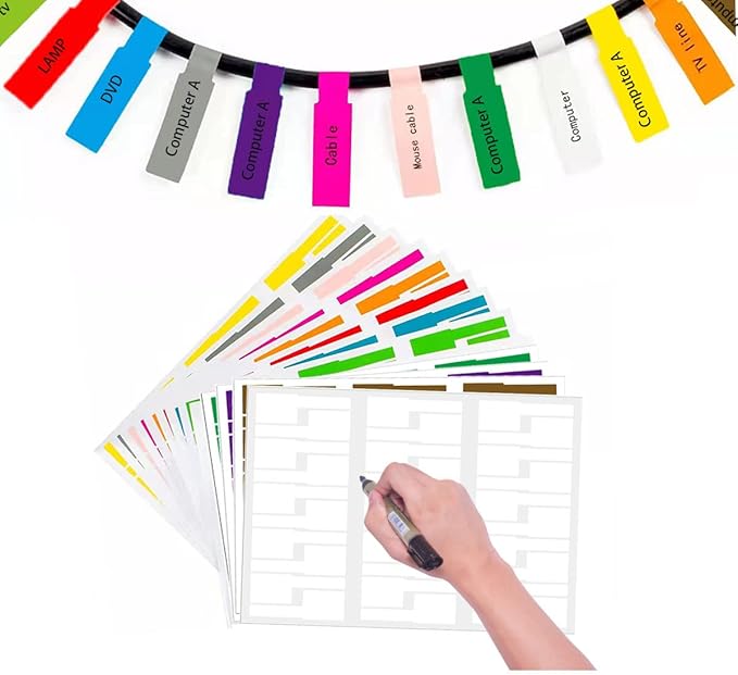 12 Sheet 360 Pcs Cable Labels Tags for Cable Management, YTPZCL Colorful Waterproof Cord Labels Tags for Electronics, Self Adhesive Tear Resistant Wire Labels for Laser Printer and Handwriting, A4