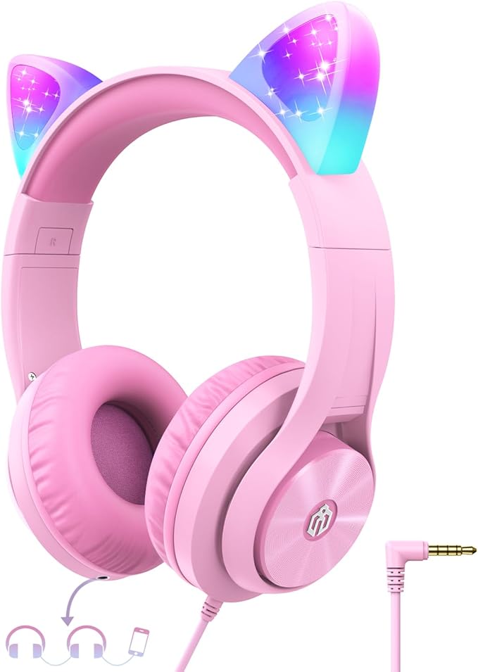 iClever Kids Headphones with Cat Ear Led Light Up, Safe Volume Limite, FunShare, Foldable, Over-Ear Headphones for Kids for School/iPad/Tablet/Travel, Meow Donut-Pink