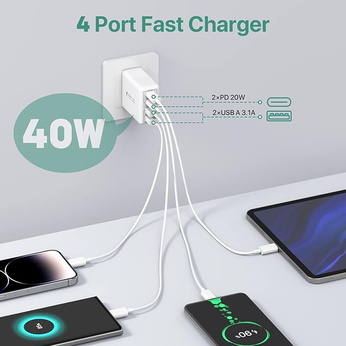 [2 Pack] USB C Wall Charger, 40W 4-Port USB C Charger Block,Fast Charging Block Dual Port PD+QC Wall Plug Multiport Type C Compatible with iPhone 14/13/12/11/Pro Max/XS/XR/8, Samsung Phone,Tablet