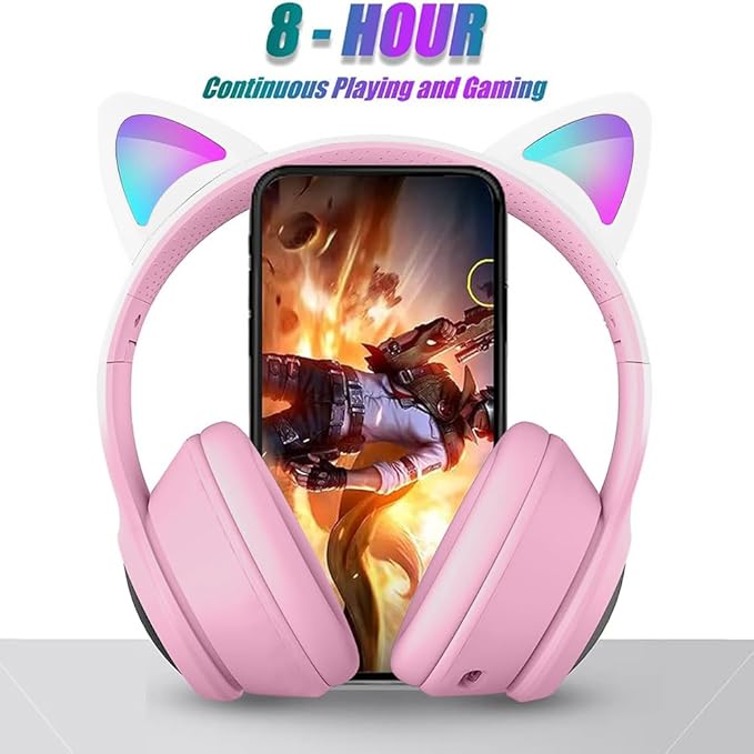Cat Ear Gaming Bluetooth 5.2 Wireless Foldable Headphones with LED Light, Stereo Game Surround Sound Over-Ear Headsets with Microphone AUX for PC, Pad, Mobile, Laptop, Game, Kids, Gift