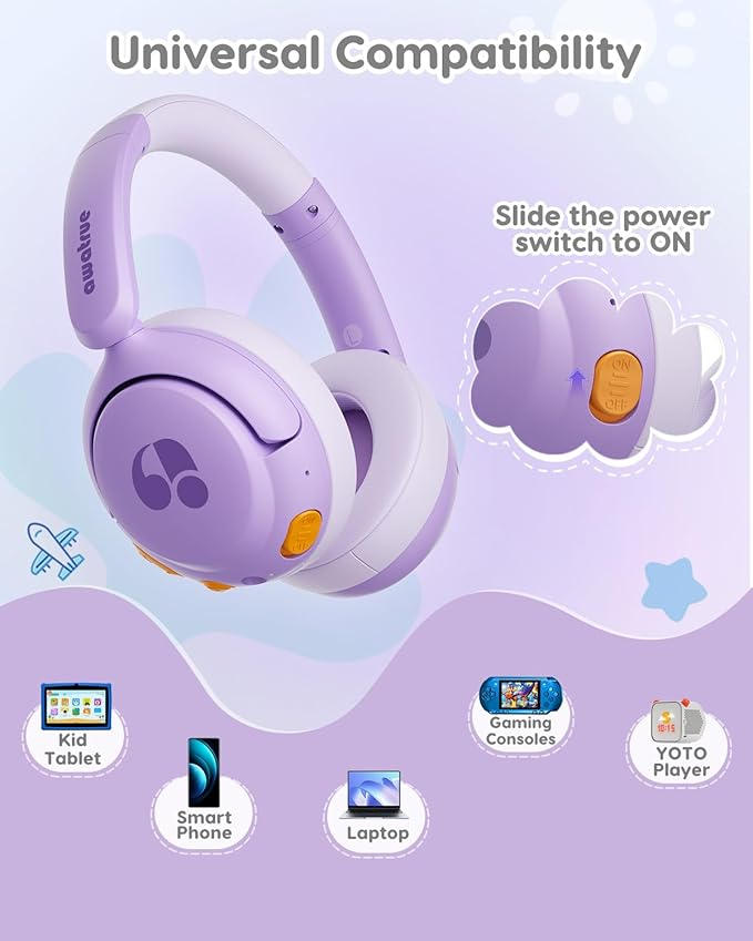 Kids Bluetooth Headphones, 85dB Volume Limiter, Foldable Wireless Over-Ear Headphones for iPad, Travel, 75H Playtime, Bluetooth 5.4, Built-in Mic, Purple