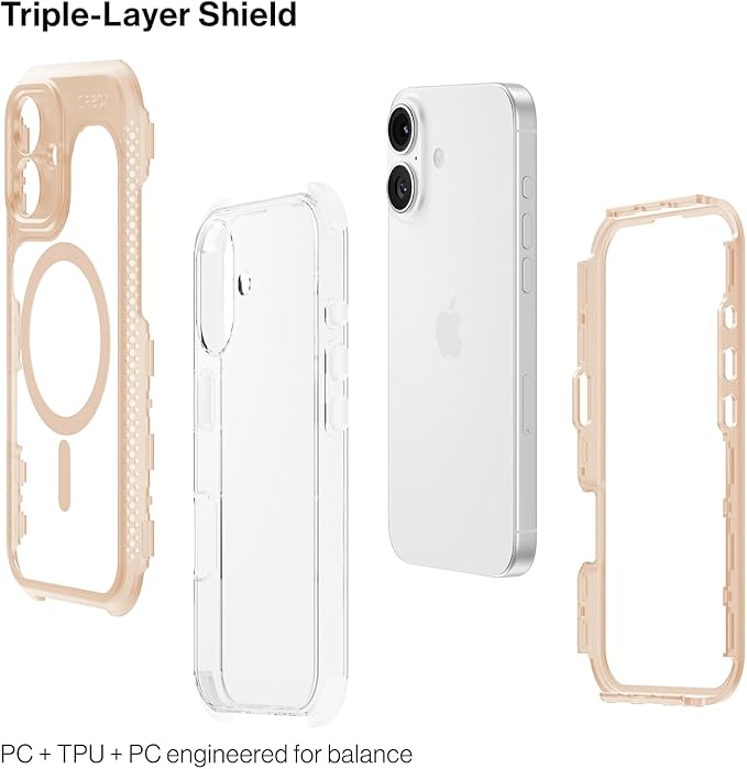 ORIbox Seralyn Series for iPhone 16 Case - MagSafe Compatible, Triple-Layer Shockproof Protection, Crystal-Clear Back with Elegant Matte Frame(6.1", Champagne Glow)