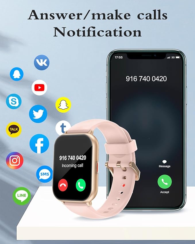 RUIMEN Smart Watches for Men Women (Answer/Make Calls, 2 Bands Included), 1.8" Smartwatch for iOS/Android Phones, Fitness Tracker Heart Rate/Sleep Monitor Digital Watch Waterproof Pink