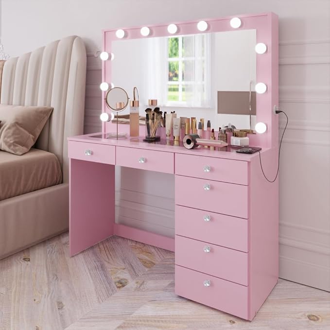 Boahaus Serena Modern Pink Makeup Vanity Desk with Mirror Lights, Power Outlet with USB Ports, Glass Top, Jewelry Divider, 7 Drawers, and Crystal Knobs for Bedroom