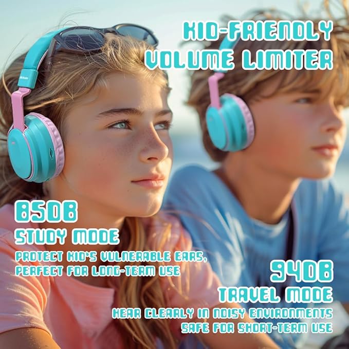 Kids Headphones Bluetooth 5.3 Wireless Lightweight Fast Charging 68 Hours Play Time Volume Limited 85/94dB Over Ear Foldable with Built-in Mic for Toddler Boy Girl Tablet Pad Cyan