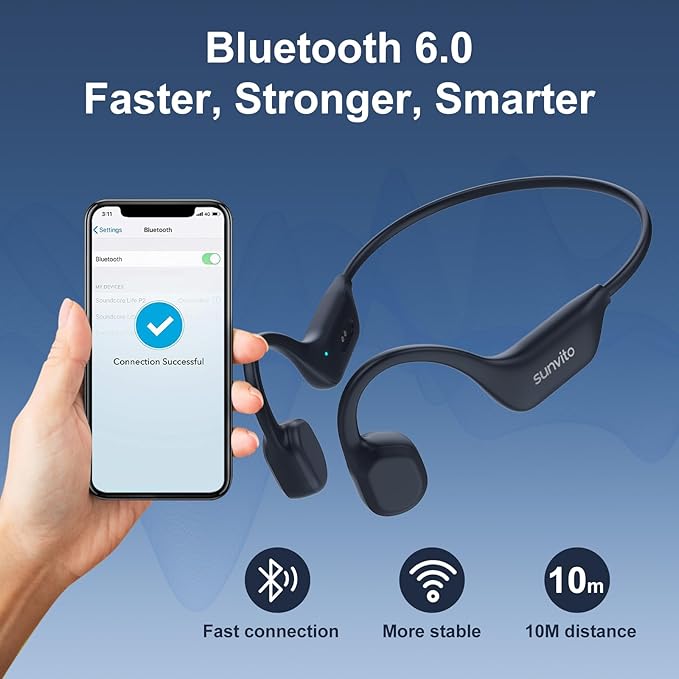 sunvito Bone Conduction Headphones, Open-Ear Bluetooth Wireless Sport Headphones, Ipx6 Waterproof Lightweight Earphones with Earbuds for Running Sports, Gym, Cycling, Long 10H Playtime, Black