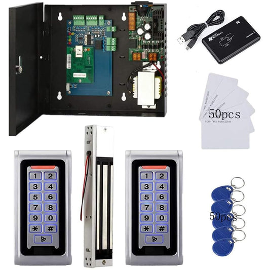 in and Out Single Door Security Locking System Access Control with Waterproof RFID Keypad Reader+600LBS Magnetic Lock Power Supply Box + Cards/Key fobs (Phone APP remotely Open Door)