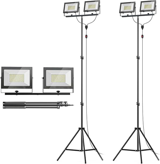 LIVOWALNY 22000 lm LED Work Light with Stand Pack of 2, 220W 2 Adjustable Head Tower Light with 13FT Cord, Portable IP65Waterproof Tripod Flood Light for Job Site Workshop Garage Construction Lighting