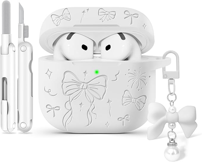 for Airpods 4 Case Cover, Joremx Cute Bow Engraved Silicone Protective Case Cover with Keychain, Cleaner Kit for AirPods 4th Generation Case 2024 (White)