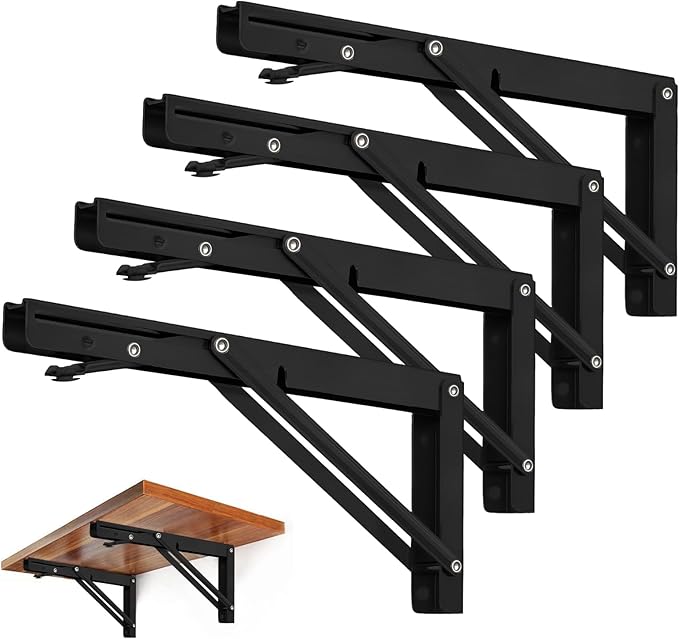 Storystore Folding Shelf Brackets - 16 Inch Heavy Duty Metal Collapsible Shelf Bracket for Bench Table, Shelf Hinge Wall Mounted Space Saving DIY Bracket, Max Load: 150 lb (4 PCS, Black)