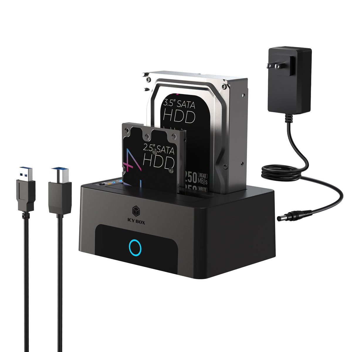 ICY BOX Dual-Bay Hard Drive Docking Station for 2.5 & 3.5 SSD HDD Up to 60TB , USB C 3.0 to SATA I/II/III Hard Drive Enclosure Reader with Offline Clone and Duplicator Function Tool Free Plug&Play