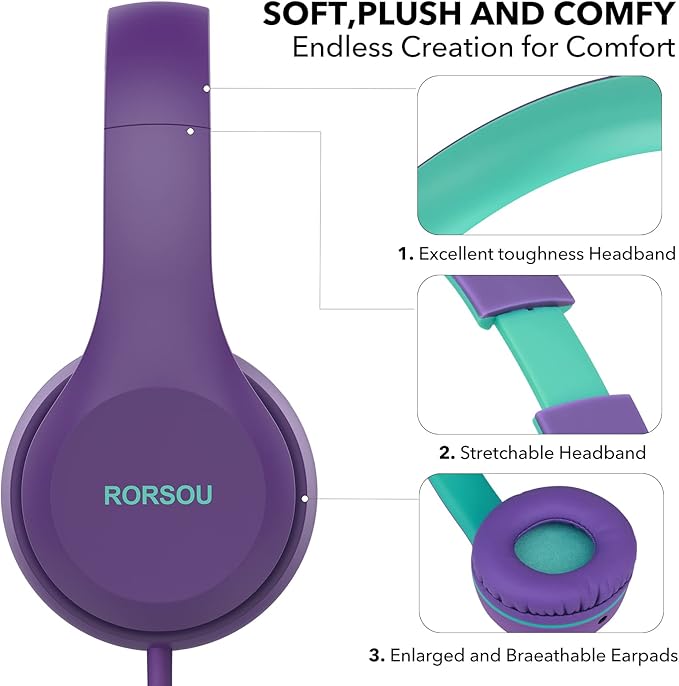 RORSOU K5 Kids Headphones with Microphone for shchool, Volume Limiter 85/94dB, Foldable Stereo Tangle-Free 3.5mm Jack Wired Cord On-Ear Headphones for Children/Boys/Girls/Kindle/Tablet/MP3/4 (Purple)