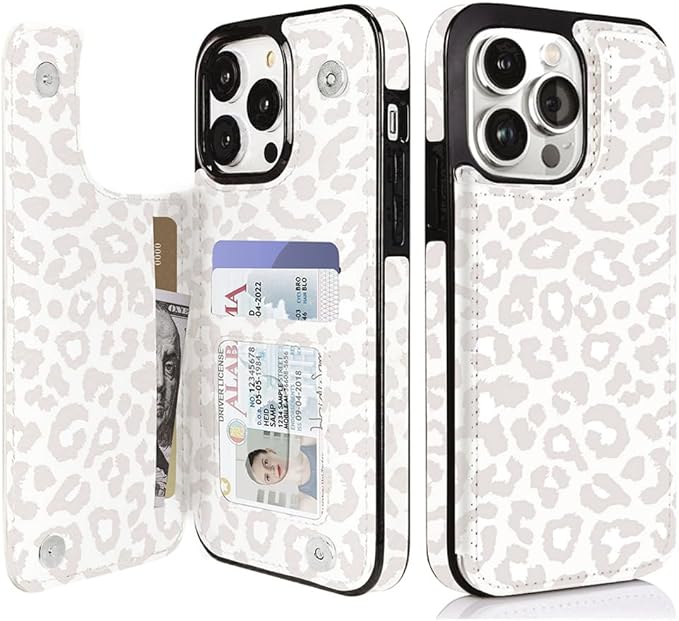 uCOLOR Compatible with iPhone 14 Pro 6.1 Inch Wallet Case with Card Holder Folio Flip PU Leather Kickstand Card Slots Case Double Magnetic Clasp and RFID Blocking Cover (Beige Leopard)