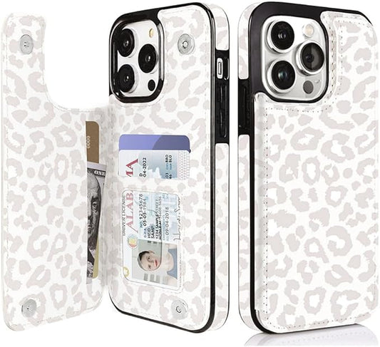 uCOLOR Compatible with iPhone 14 Pro 6.1 Inch Wallet Case with Card Holder Folio Flip PU Leather Kickstand Card Slots Case Double Magnetic Clasp and RFID Blocking Cover (Beige Leopard)