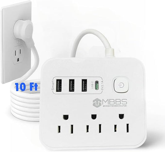 10 Ft Surge Protector Power Strip with USB C, 1200J Protection, Heavy Duty Extension Cord – (7-in-1) 3 AC Outlets, 4 USB Ports, LED On/Off Switch – Compact & Travel Friendly – Home, Office.