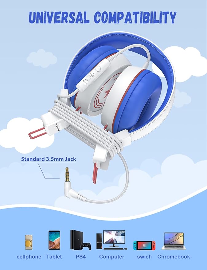 New Bee Kids Headphones for School with Microphone KH20 HD Stereo Safe Volume Limited 85dB/94dB Foldable Lightweight On-Ear Headphone for boy Mac/Android/Kindle/Tablet/Pad