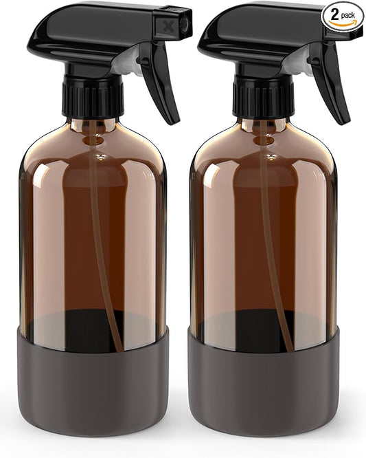 Glass Spray Bottle with Silicone Sleeve Protection, Amber Glass Spray Bottle Set for Window Cleaner Aromatherapy Facial Hydration Watering Flowers Hair Care 2 Pack/16 oz (Grey, 16 oz)