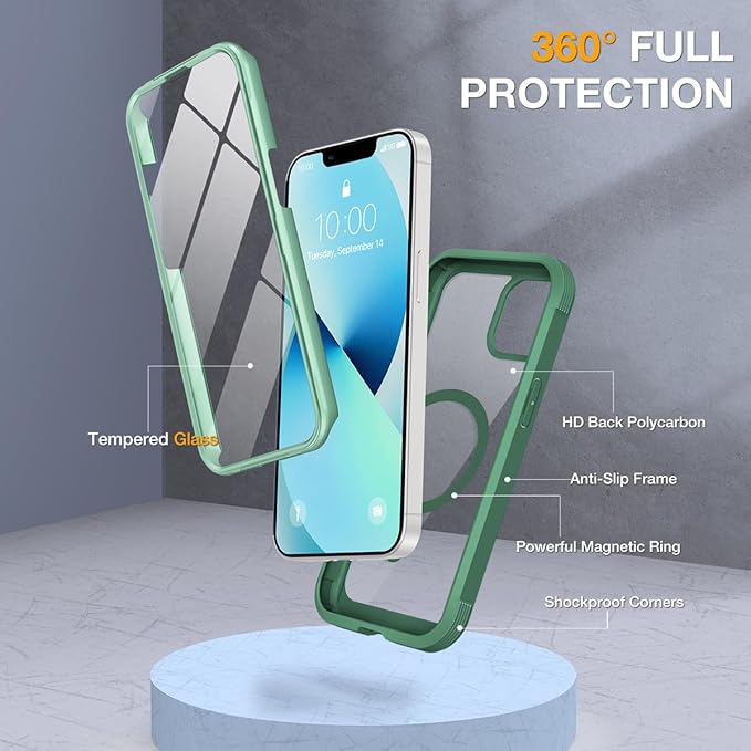 Miracase Magnetic Case for iPhone 13 Mini 5.4 Inch,with MagSafe,Built in Screen Protector,Full Body Protection(Green)