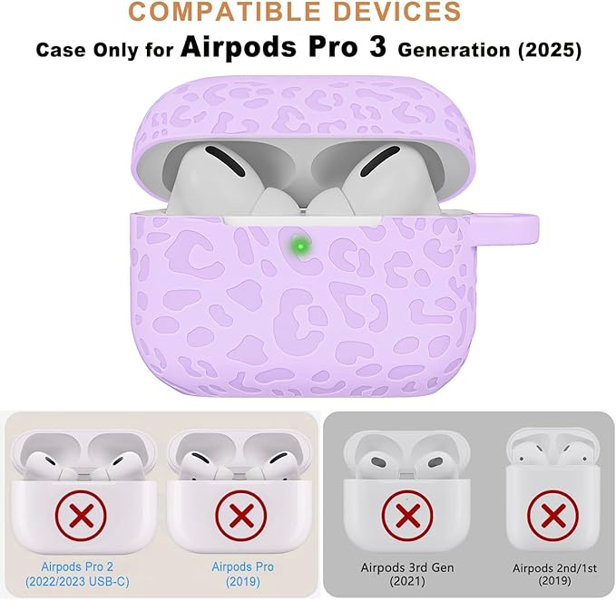 Case Compatible with AirPods Pro 3 Generation 2025 Cover with Keychain, Gawnock Engraved Leopard Skin Soft Cover for AirPods Pro 3 Case Full Protection,Front LED Visible, Lavender