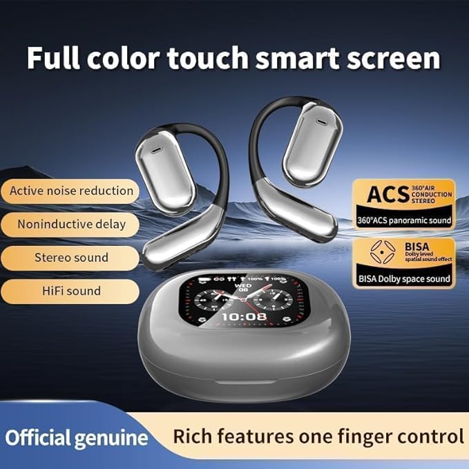 Intelligent Touch Screen Open Ear Earbuds Ultra Comfort Bluetooth 5.4 Headphones Over The Ear Earphones with Ear Hooks IPX7 Waterproof Bone Conduction Earbuds for Running Fitness Sport Workouts,Grey5